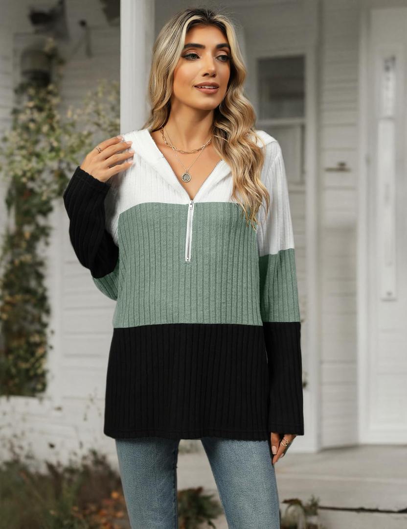 Womens Casual Half Zip Hoodies Trendy Loose V Neck Color Block Sweatshirt Long Sleeve Ribbed Tops (X-Large, Green)