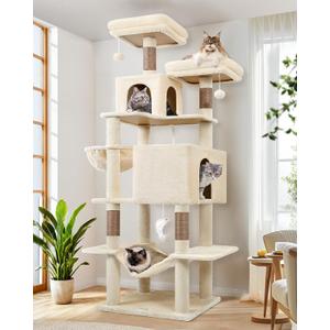Globlazer Cat Tree Tower, 76-Inch Extra Tall Multi-Level Cat Furniture with Cozy Condos, Hammock and Perches for Adult Cats, Perfect for Climbing, Scratching, and Play, F76, Beige