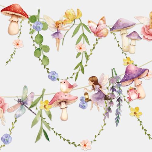 Fairy Mushroom Banner Wildflower Party Decorations Paper Flower Leaves Banner Fairy Garland for Wall Decoration Spring Baby Shower Wedding Backdrop Decorations