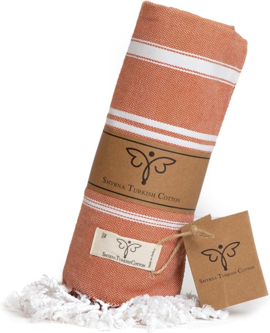 SMYRNA TURKISH COTTON Beach Blanket Sand-Free Oversized Beach Throw 50x60 Quick-Dry Lightweight Turkish Towel for Beach, Pool, Picnic & Outdoor Travel Eco-Friendly Recycled Cotton, Orange