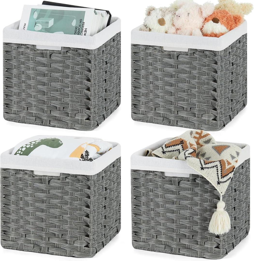 Bidtakay Wicker Storage Baskets for Organizing 4-Pack Hand-Woven Imitation Dark Grey Wicker Cube Storage Bins with Liners for Shelves Closet Cabinet 11x11 Waterproof Cube Organizer for Pantry
