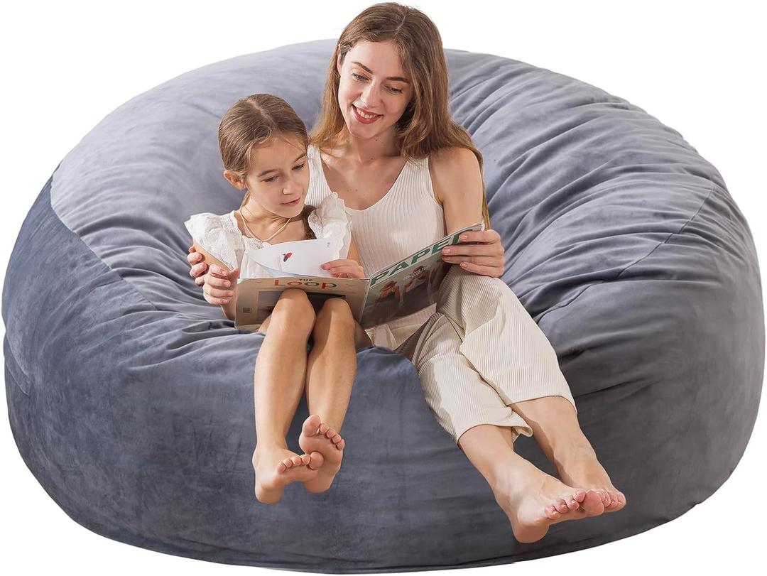 EDUJIN Bean Bag Chair, Memory Foam Bean Bag Chairs for Adults, Soft Velvet Cover, Stylish Beanbag Sofa for Living Room, Convenient Pocket & Pull-Handle Design - 3 Foot, Grey