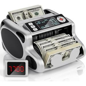 Money Counter Machine, Dollar, Euro Value Count UV/MG/IR/DD/VI/FA Pro Grade Cash Counterfeit Detectors with Backlit LCD Display, Add/Batch/Auto/Manual Modes Money Counting Machine (Silver)