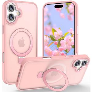 Magnetic for iPhone 17 Case with Ring Stand, [10 FT Drop Protection] [Velvety Touch] Slim Translucent Matte Back Shockproof Phone Case for iPhone 17 6.3'', Pink