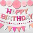 Pre-Strung Happy Birthday Banner, Reusable Felt Birthday Party Decorations, 3D Effect Happy Birthday Sign with Felt Ball Garland, Pennant Flag, Hanging Paper Fans for Men Women Boy Girls (Pink)