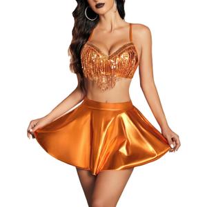 Avidlove 3-Piece Rave Outfits Women Faux Leather Sequin Fringe Crop Top Metallic Mini Skirt Club Festival Halloween Set, Small