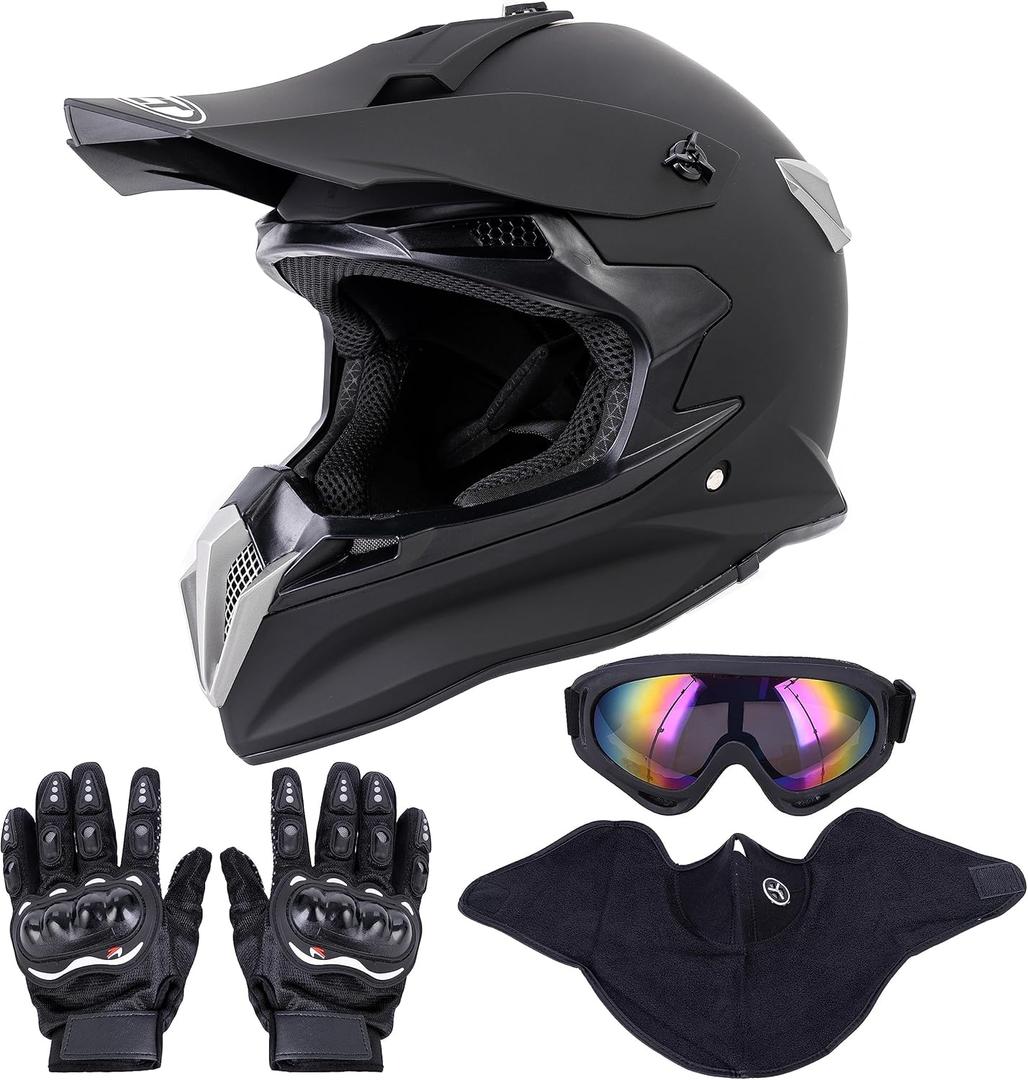 OUMURS Adult Motocross Dirt Bike Helmet with Goggle, Gloves & Mask - DOT/FMVSS-218 Off-Road Motorcycle & ATV Helmet with Adjustable Sun Visor (X-Large, Matte Black-188)