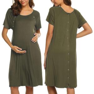 Ekouaer Womens Nursing/Delivery/Labor/Hospital Nightdress Short Sleeve Maternity Nightgown with Button XL (Army Green)