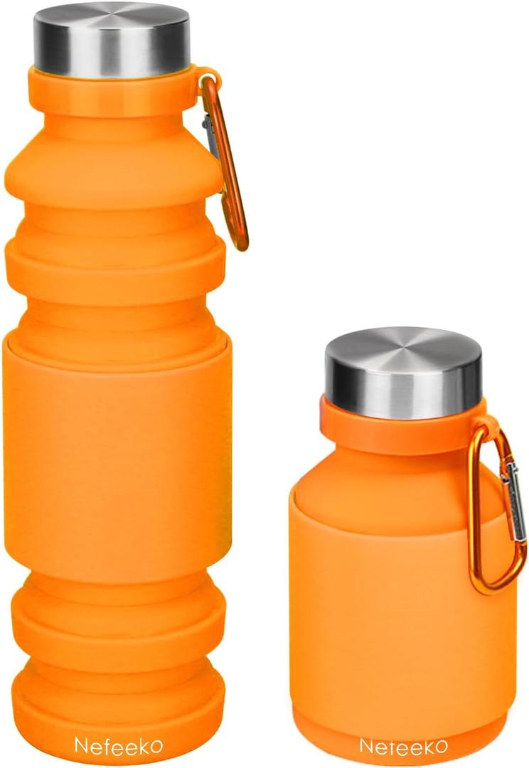 Nefeeko Collapsible Water Bottle, Reuseable BPA Free Silicone Foldable Water Bottles for Travel Gym Camping Hiking, Portable Leak Proof Sports Water Bottle with Carabiner (Orange-18oz)