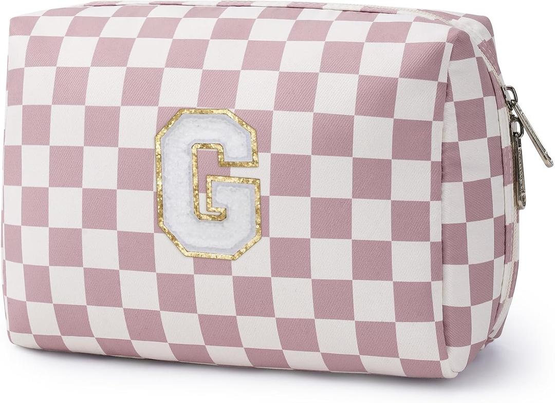Narwey Birthday Gifts for Teen Girls Kids Women Personalized Initial Checkered Makeup Bag Pink Monogram Cosmetic Bag Trendy Stuff 6 8 10 11 12 13 14 16 18 Years Old Travel Toiletry Bag (Dusty Rose G)