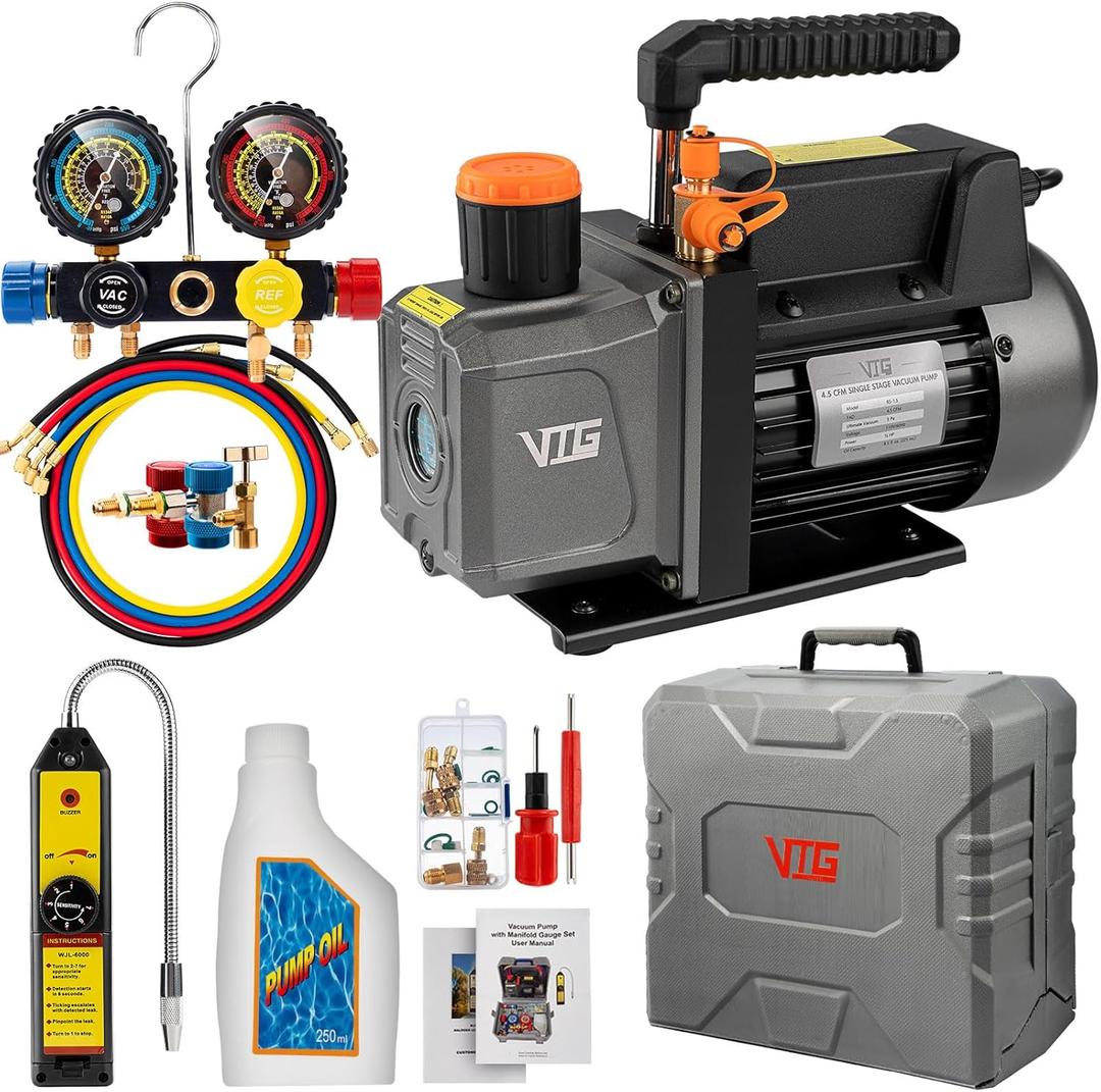 4.5 CFM AC Vacuum Pump and Gauge Set,for Mini Split/HVAC/Auto Systems,Manifold Gauge Kit Fits R134a R22 R410a,with Leak Detector,Upgraded Trifold Storage Case,4 Hoses,R134a Can Tap 4.5 CFM AC Vacuum Pump and Gauge Set,for Mini Split/HVAC/Auto Systems,Manifold Gauge Kit Fits R134a R22 R410a,with Leak Detector,Upgraded Trifold Storage Case,4 Hoses,R134a Can Tap