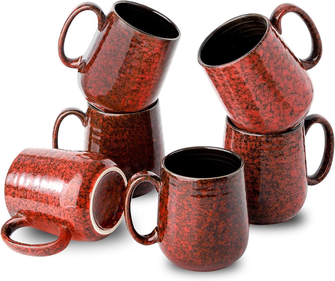HASENSE Coffee Mugs Set of 6, 15 Ounce Ceramic Coffee Cups Set with Handle, Large Tea Mug for Kitchen, Red Cup for Tea,Cocoa, Milk, Christmas Gift for Women and Men, Dishwasher and Microwave Safe (Red-12 OZ)