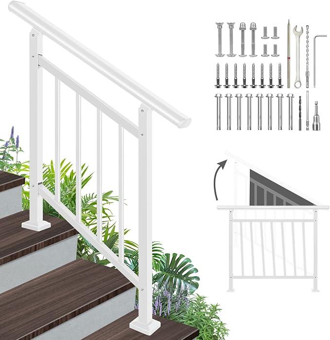 Adjustable Handrails for Outdoor Steps – White Metal Stair Railing with Installation Kit, 3 Steps Handrail or Horizontal Use, Wrought Iron Hand Rails for Outdoor Steps White