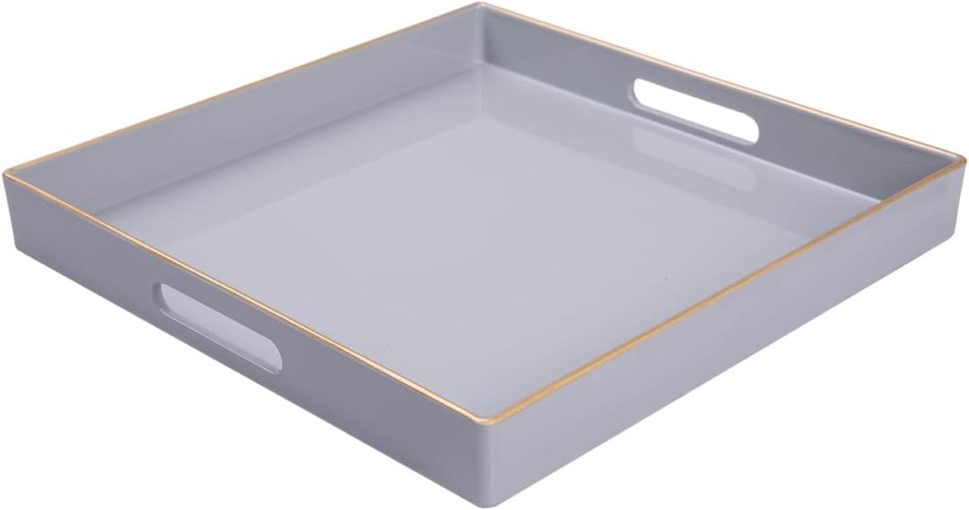 MAONAME Decorative Tray, Gray Serving Tray with Handles, Coffee Table Trays, Square Plastic Trays for Ottoman, Bathroom, Kitchen, 13" x 13" x 1.57"