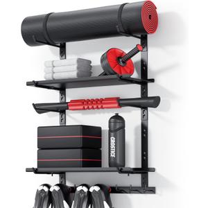 Home Gym Storage Shelf Only, Adjustable Gym Equipment Organizer Wall Mounted with 2 Boards, Yoga Mat Holder, Storage Rack Compatible with Peloton Shoes & Mat, Shelf for Home Training Accessories