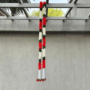 THE ART BOX 5 feet Artificial Hanging Flowers Vine Red Silk Gajra Garland for Wedding, Diwali Decoration Floral Arch Party Garden Home Decor (2 Pc) (Off White & Red)