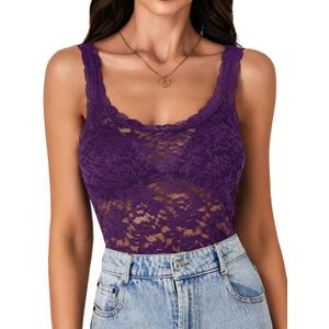 LYANER Women's Floral Lace Scallop Spaghetti Strap Sleeveless Sheer Tank Cami Top Blouse (X-Large, Dark Purple)
