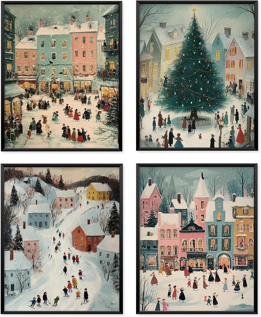 Locomiss Christmas Town Wall Art Decor Posters, Cute Retro Christmas Village Houses Winter Holiday Wall Art Decor Gifts For Farmhouse Home Living Room Bedroom Bathroom, Set of 4 (8x10 Unframed)