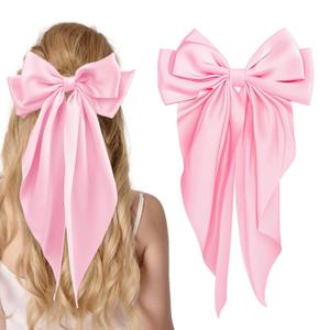 Large Satin Bow Barrettes Clips in Pink - Hair Accessories for Women