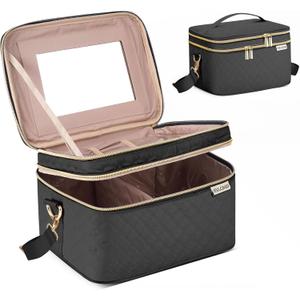 HXLGMD Double Layer Travel Makeup Bag Women, Cosmetic Organizer Case, Travel Essentials Accessories with Shoulder Strap for Bottles, Brushes, Conditioner, Skin Care Products, Black