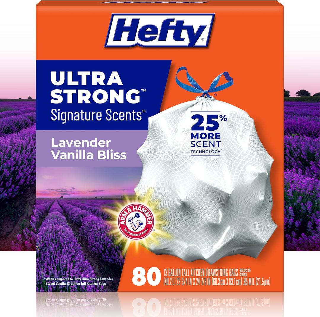 Hefty Ultra Strong Signature Scents 13 Gallon Trash Bags, Lavender Vanilla Bliss Scent, Tall Kitchen Trash Bags with 25% More Scent Technology, White, 80 Count