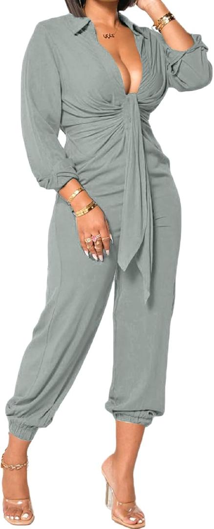 Xinlees Women's Elegant Jumpsuit Casual Long Sleeve Solid Straight Trousers Business Romper Stretchy Ankle Cuffs, L