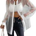 Milumia Women Sheer Button up Shirt Long Sleeve See Through Mesh Top Sexy Oversized Blouse (Large, White)