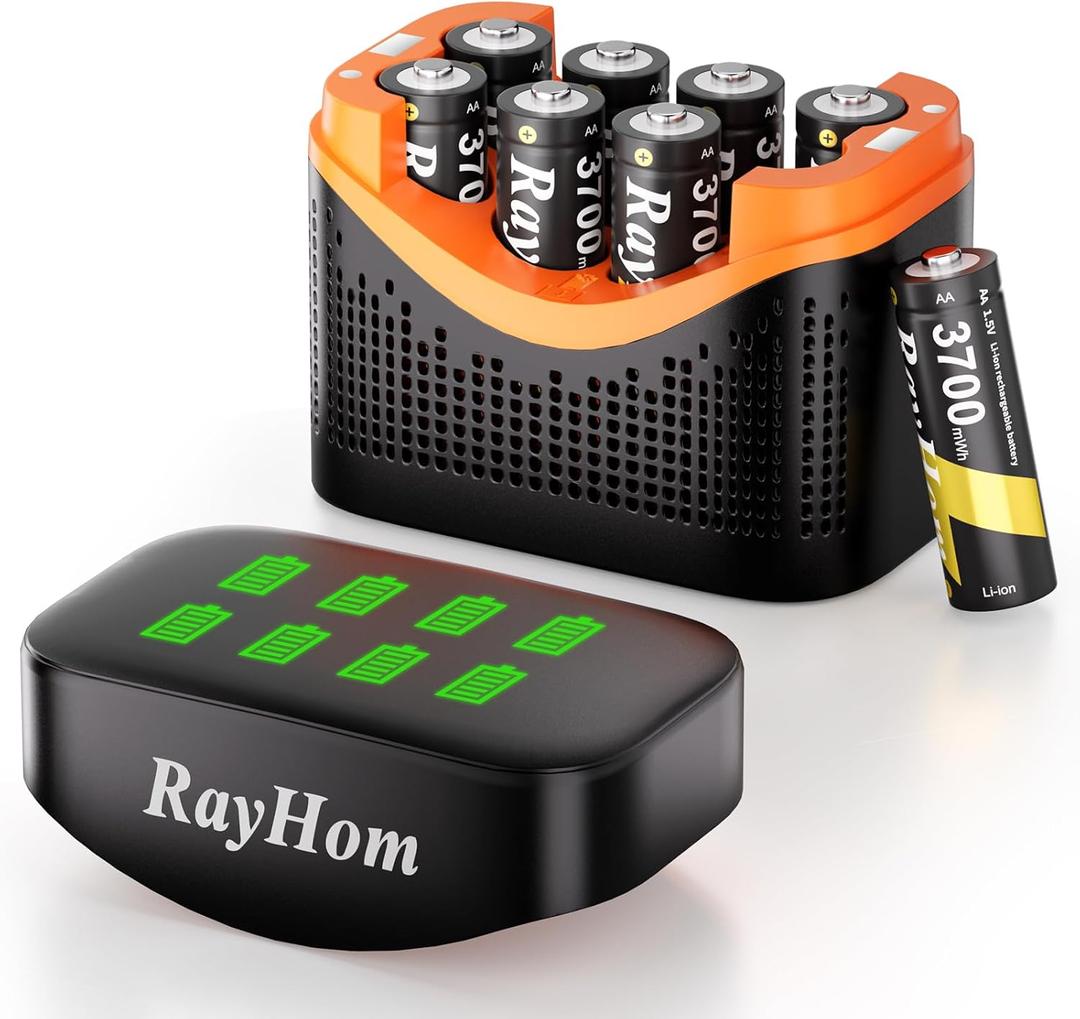 Rechargeable AA Lithium Batteries with Charger - 8 Pack Double A Batteries for Blink Camera, 3700mWh High Capacity, Cycle Times Up to 1600, with 8 Slot aa Li-Ion Battery Charger Storage Case