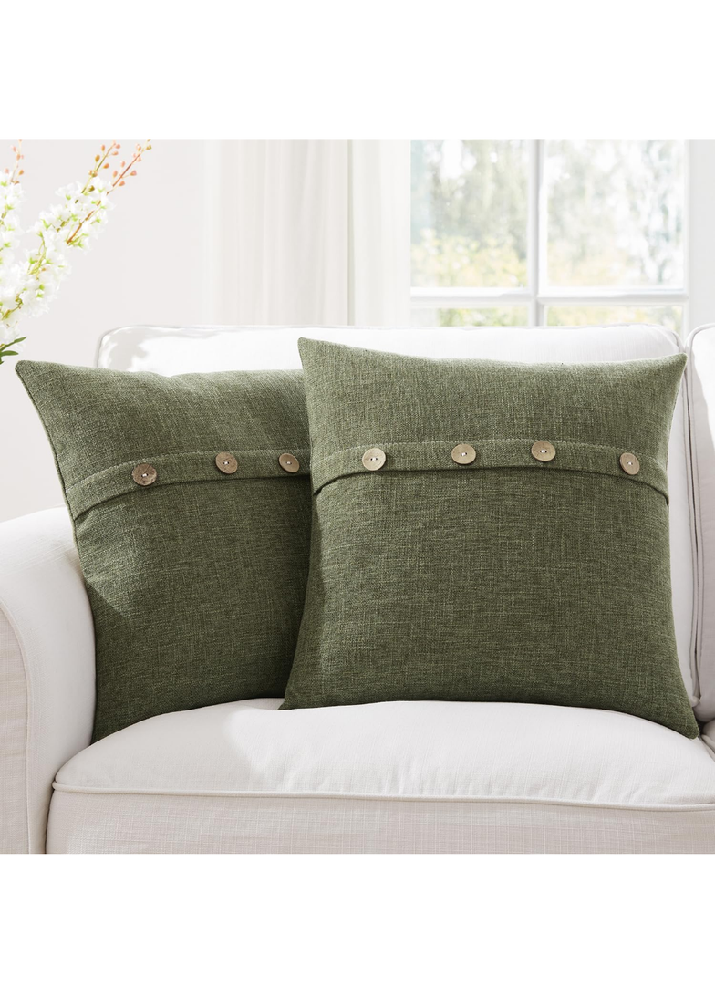 Meekio Set of 2 Moss Green Pillow Covers 20 x 20 Inches Farmhouse Pillow Covers with Coconut Buttons for Sofa Couch Living Room Bedroom Farmhouse Décor for The Home