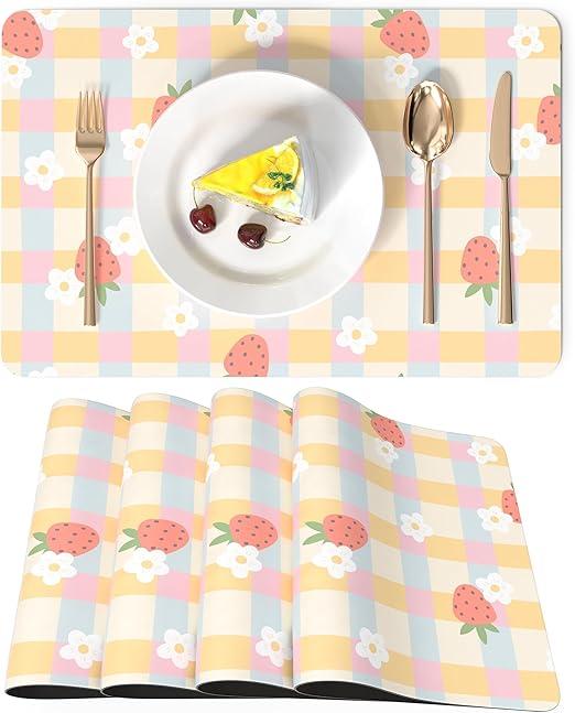 LilyCat Faux Leather Placemats Set of 6, Waterproof Oil-Proof Dining Table Mats for Kitchen, Indoor & Outdoor Heat Resistant Wipeable PU Place Mats, 18’’× 12’’, Strawberries and Small Flowers