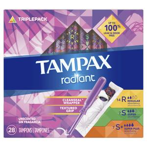 3 x Tampax Radiant Tampons Trio Pack Regular/Super/Super Plus Absorbency, Unscented, 28 Count
