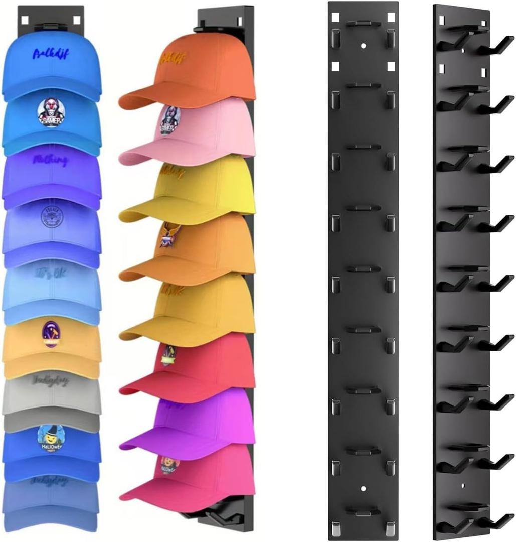 Hat Organizer for Baseball Caps (2 Pack), Wall Mounted Hat Rack with Strong Adhesive & Screws, One-Piece Hat Holder Hanger Keeps Shape, Space-Saving Cap Organizer for Closet Door Bedroom (Black)