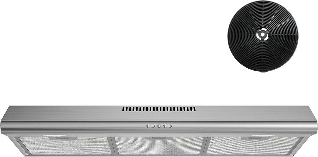 FIREGAS Under Cabinet Range Hood 36 inch with Ducted/Ductless Convertible, Slim Kitchen Stove Vent Hood, LED Light, 3 Speed Exhaust Fan, Reusable Aluminum Filter, Push Button,Charcoal Filter (Stainless Steel)