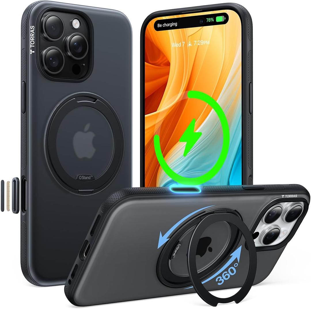 TORRAS 360 Magnetic Stand for iPhone 16 Pro Case, [Fit for MagSafe][Camera Control Button] Mil-Grade Protection Translucent Slim Anti-Scratch Rotatable Ring Kickstand, Obsidian Black, OFitness Series