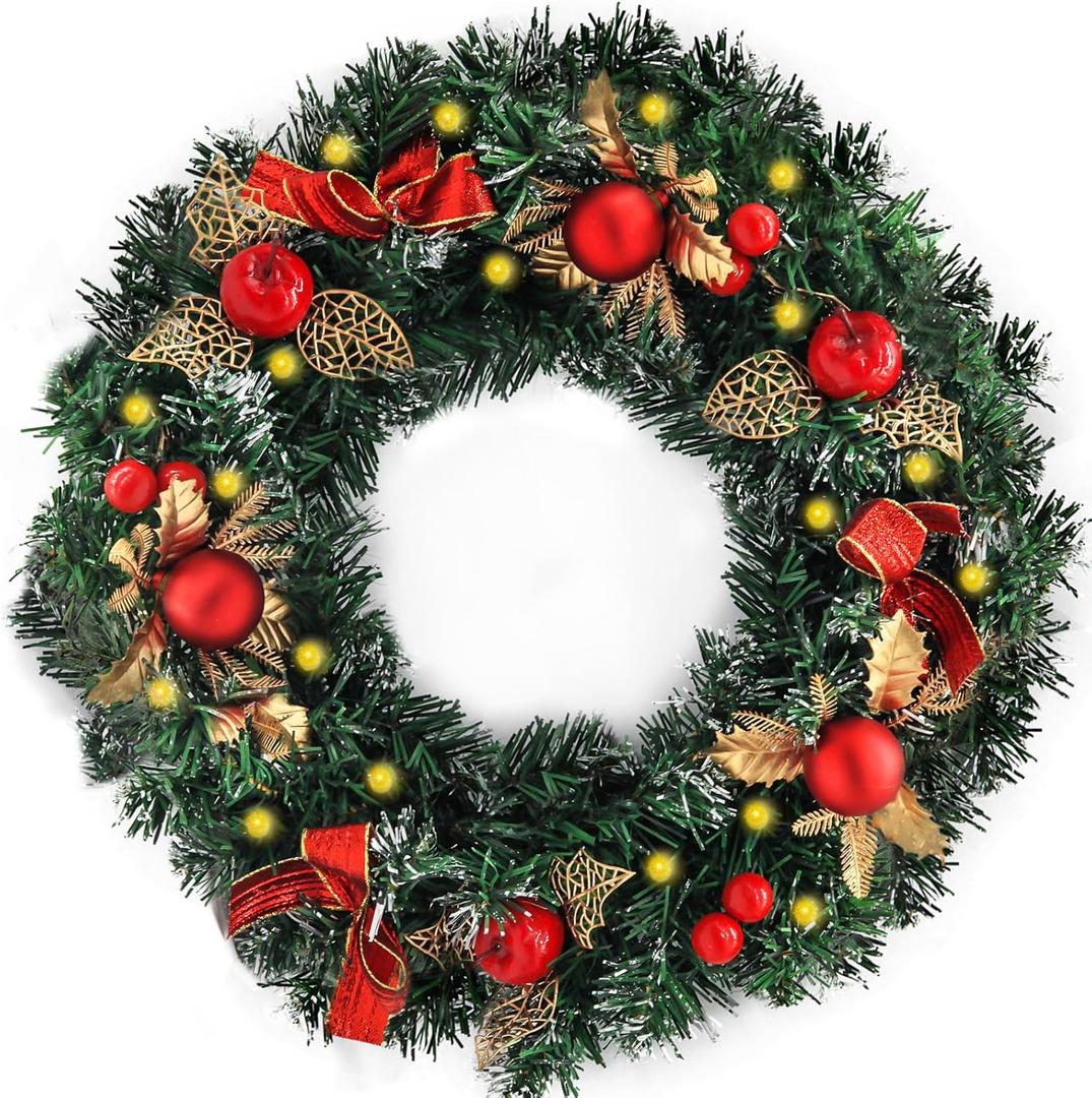 17 Inches Artificial Christmas Wreath - Artificial Christmas Wreath with Lights, Decorated with Berry Clusters, Frosted Branches, Christmas Collection Red Berry