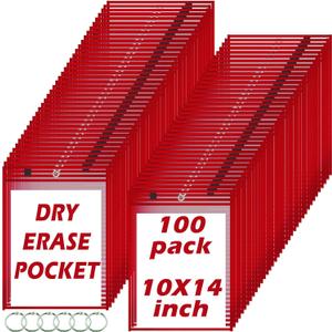 100 Packs Dry-Erase Pockets Bulk Job Ticket Holders Oversized Reusable Dry Erase Pocket Sleeves with 6 Ring, 10x14 Red Ticket Holders, Clear Plastic Sheet Protectors, Teacher School Classroom Supplies