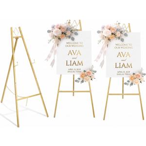 GRENTY 2 Pack Gold Easel Stand for Wedding Signs No Assembly Needed, Heavy Duty Metal Display Stand for Art, Welcome Signs, Posters, Pictures, Paintings, and Floor Dcor