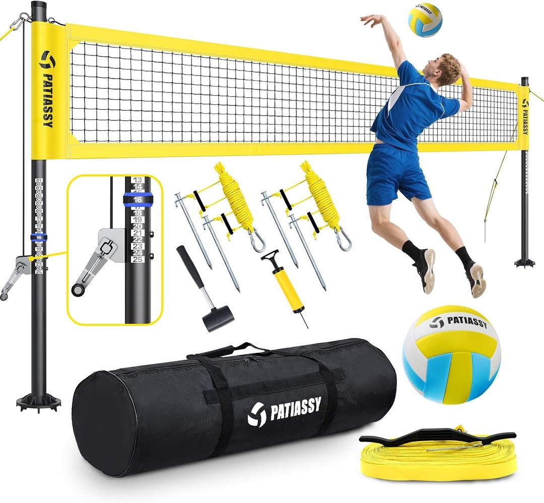 Professional Heavy Duty Volleyball Net Set for Backyard & Beach, Outdoor Net System with Steel Anti-Sag Winch, 32FT Reinforced Net, Height Adjustable Rust-Resistant Aluminum Poles, Portable Carry Bag