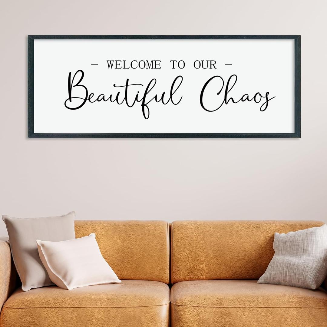 LuZhiQiang Welcome To Our Beautiful Chaos Sign Wall Decor 40"15" for Home Living Room Entryway Bedroom Large Wood Framed Wall Hanging Art (Black)