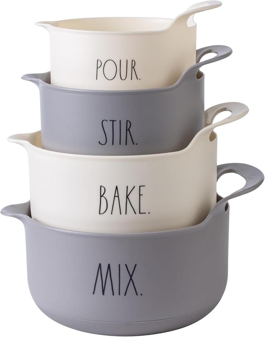Rae Dunn Non-Slip Mixing Bowls - 4 Piece Nesting Plastic Mixing Bowl Set with Pour Spouts and Handles-Measurement Markings (Grey) (Gray)