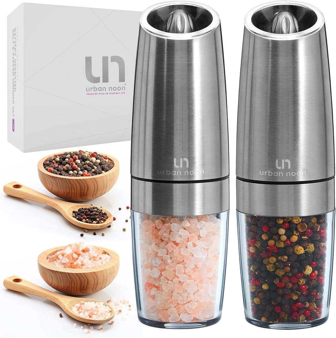 Urban Noon Gravity Salt and Pepper Grinder Set - Battery Operated Stainless Steel Mills with Light (2 Grinders) - Automatic One Handed Operation - Electric Adjustable Shakers - Ceramic Grinders