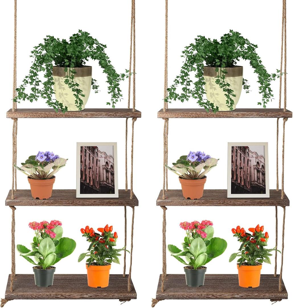 Nuanchu 2 Pieces Decorative Wall Hanging Shelves Window Shelf for Plants 3 Tier Distressed Rustic Home Decor Wood Rope Shelf Floating Indoor Wall Swing Hanging Plant Shelves for Living Room Bathroom