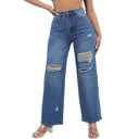 Blue Ripped Wide Leg Jeans for Women High Waisted Button Stretchy Distressed Classic Denim Pants M