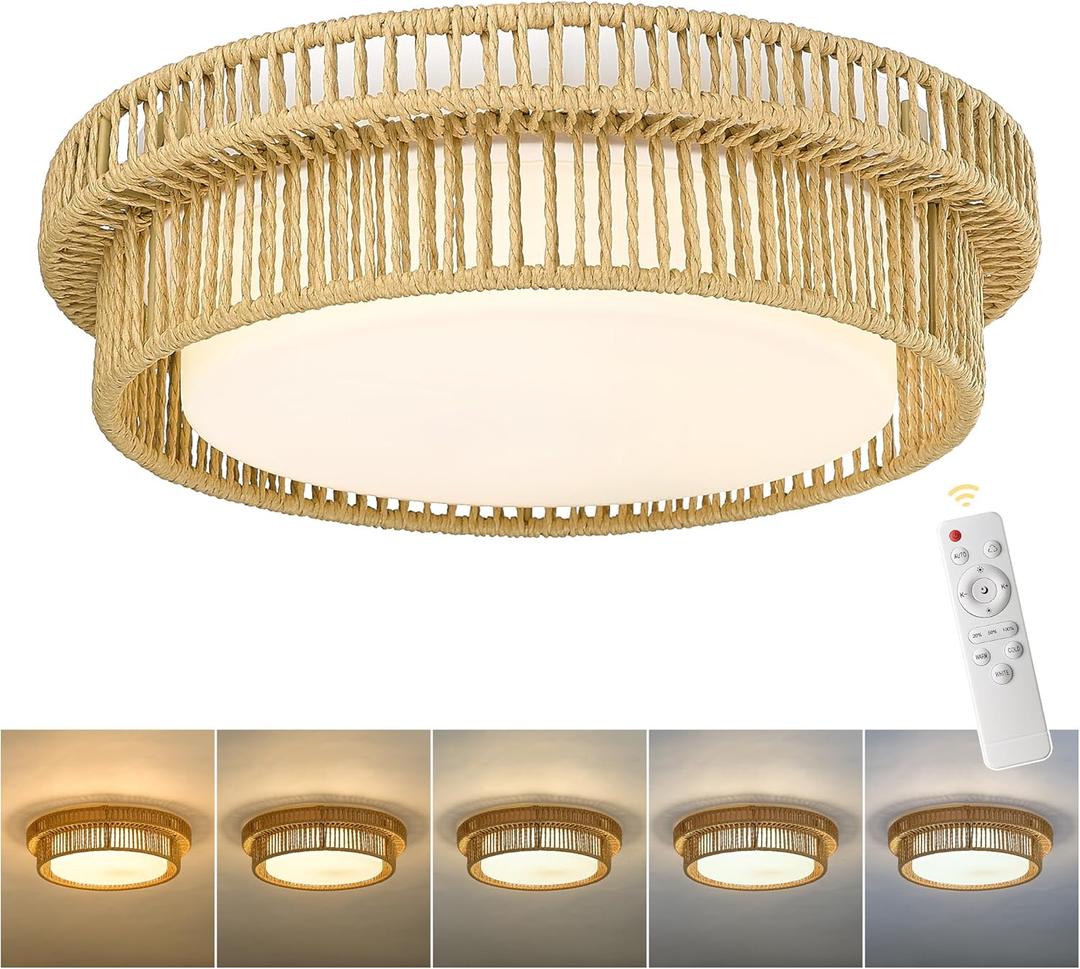 Boho Light Fixtures Ceiling Mount, HWH 18'' Rattan Ceiling Light Fixtures with Remote Control, 36W LED Ceiling Lighting Handwoven Twine Cage 5CCT, 5HYS78LF-LED (Beige)