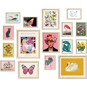 16 PCS Framed Eclectic Wall Art Decor, Modern Maximalist Home Gallery Wall Frame Set Prints for Bedroom Bathroom, Posters for Living Room Aesthetic, Colorful Dorm Artwork Collage Kit Pictures