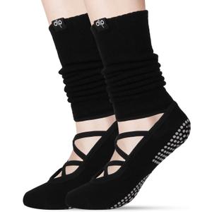 Pilates Socks with Grips for Women, Long Scrunch Slouch Slouchy Yoga Socks for Barre Workout (Black)