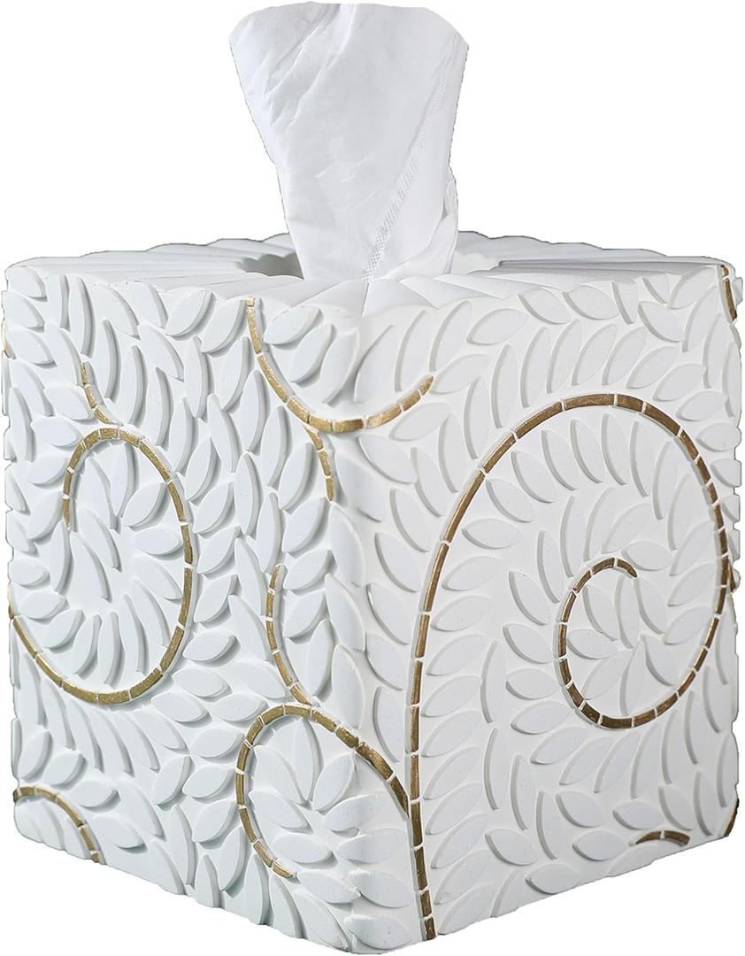 Square Tissue Box Cover Decorative Klenex Box Holder for Bathroom & Living Room with Handcrafted Texture (White&Gold), 5.5"L x 5.5"W x 5.5"H