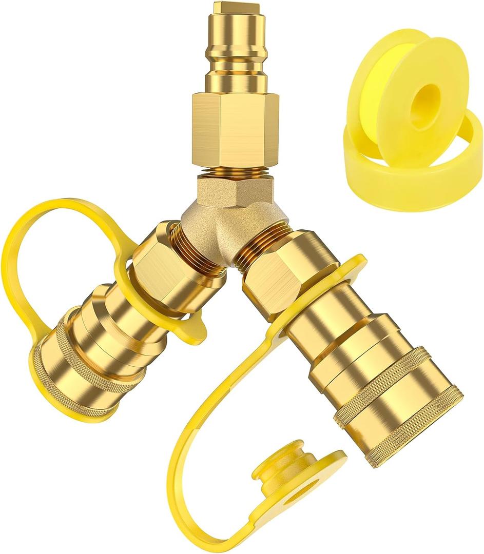 3/8 inch Natural Gas Y Splitter, 2-Way Natural Gas Quick Connect Fittings with Shut Off Valve, Conversion Kit for Natural Gas Line, 3/8" Propane Hose, Pizza, Oven, Grill, Generator, Heater, RV Trailer