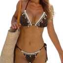 Floerns Women's Crochet Bikini Sets Halter Triangle Swimsuit Seashell Bathing Suit (Brown, L)