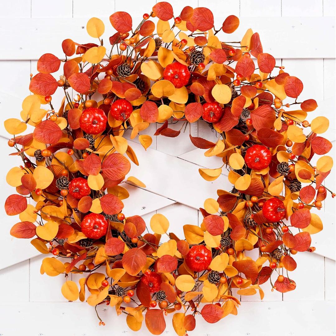 Artificial Fall Wreath 22 inch Fall Wreaths for Front Door with Pumpkin Eucalyptus Leaves Berries and Pine Cones Autumn Wreaths for Indoor Outdoor Thanksgiving Harvest Festival Celebrations